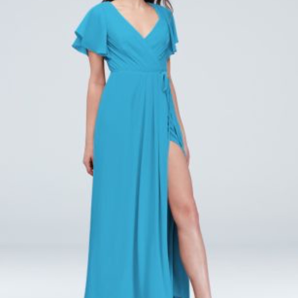 David's Bridal malibu/blue size 12 Flutter Sleeve Wrap Bridesmaid Dress